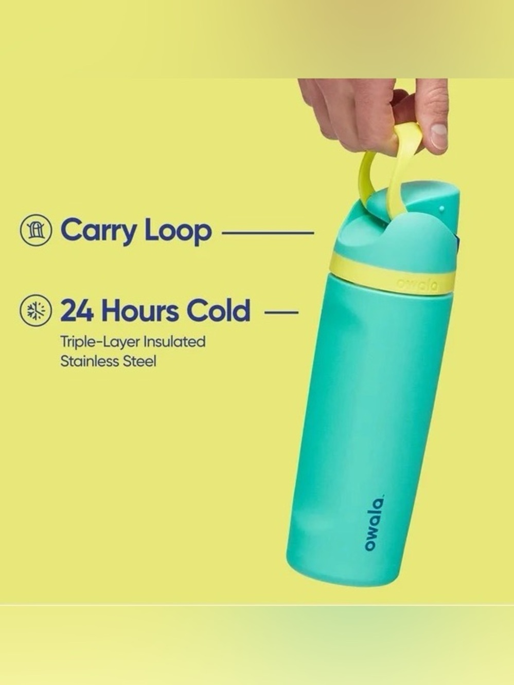 Owala Teal & Yellow Insulated Water Bottle with Carry Loop 32oz freesip nwt